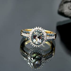 D'Joy Peacock Tanzanite, Blue and White Diamond 1.35 ctw Radiant Sunburst Ring in 18K Vermeil Yellow Gold Over Sterling Silver (Size 9.0)
