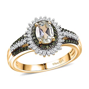 D'Joy Green Tanzanite, Green and White Diamond 1.35 ctw Radiant Sunburst Ring in 18K Vermeil Yellow Gold Over Sterling Silver (Size 10.0)