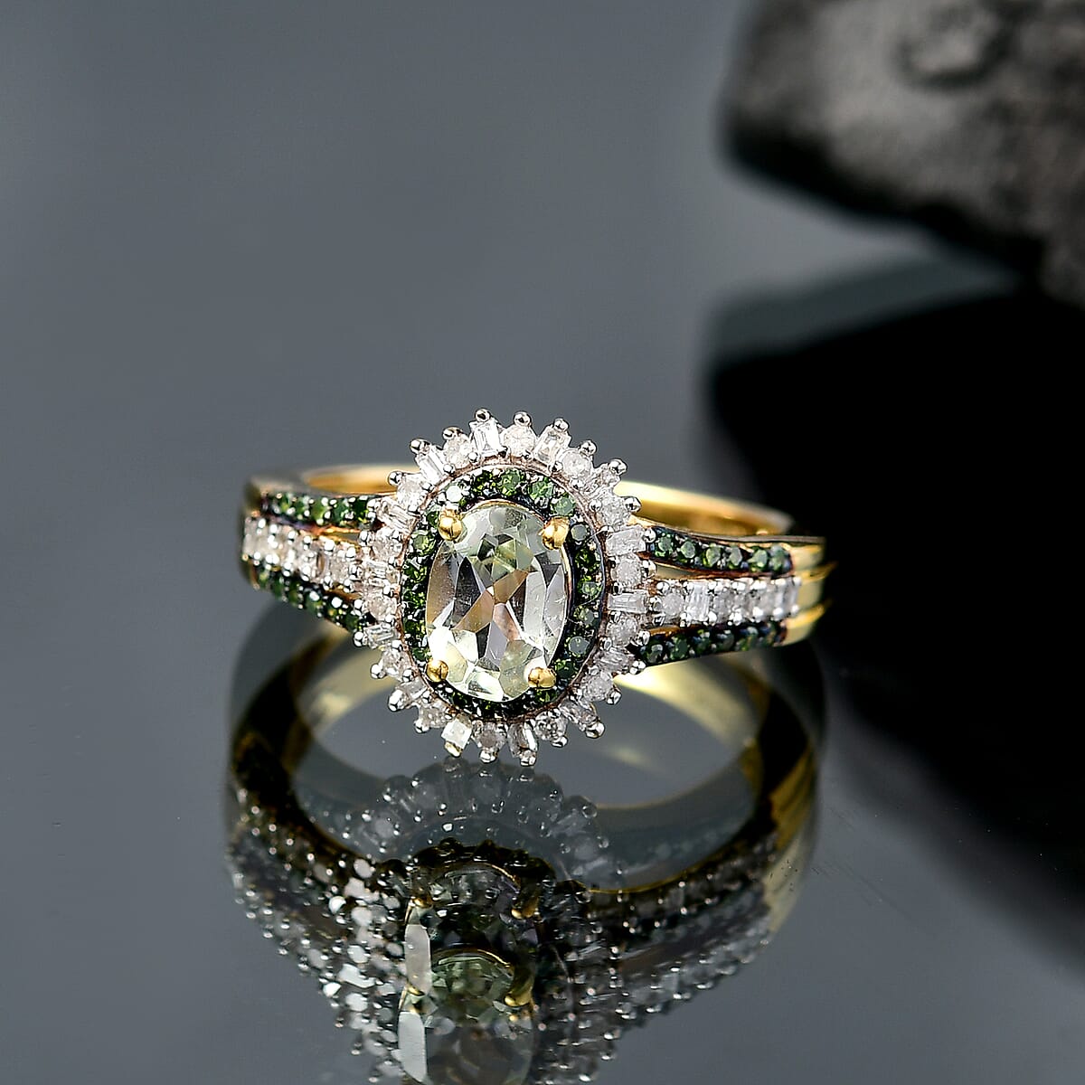 D'Joy Green Tanzanite, Green and White Diamond 1.35 ctw Radiant Sunburst Ring in 18K Vermeil Yellow Gold Over Sterling Silver (Size 10.0) image number 1