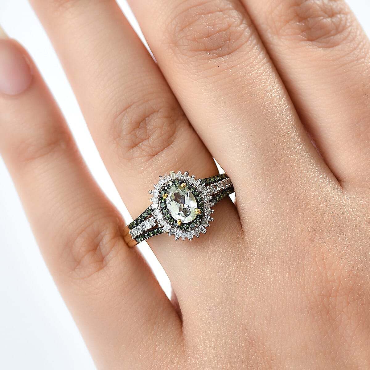 D'Joy Green Tanzanite, Green and White Diamond 1.35 ctw Radiant Sunburst Ring in 18K Vermeil Yellow Gold Over Sterling Silver (Size 10.0) image number 2