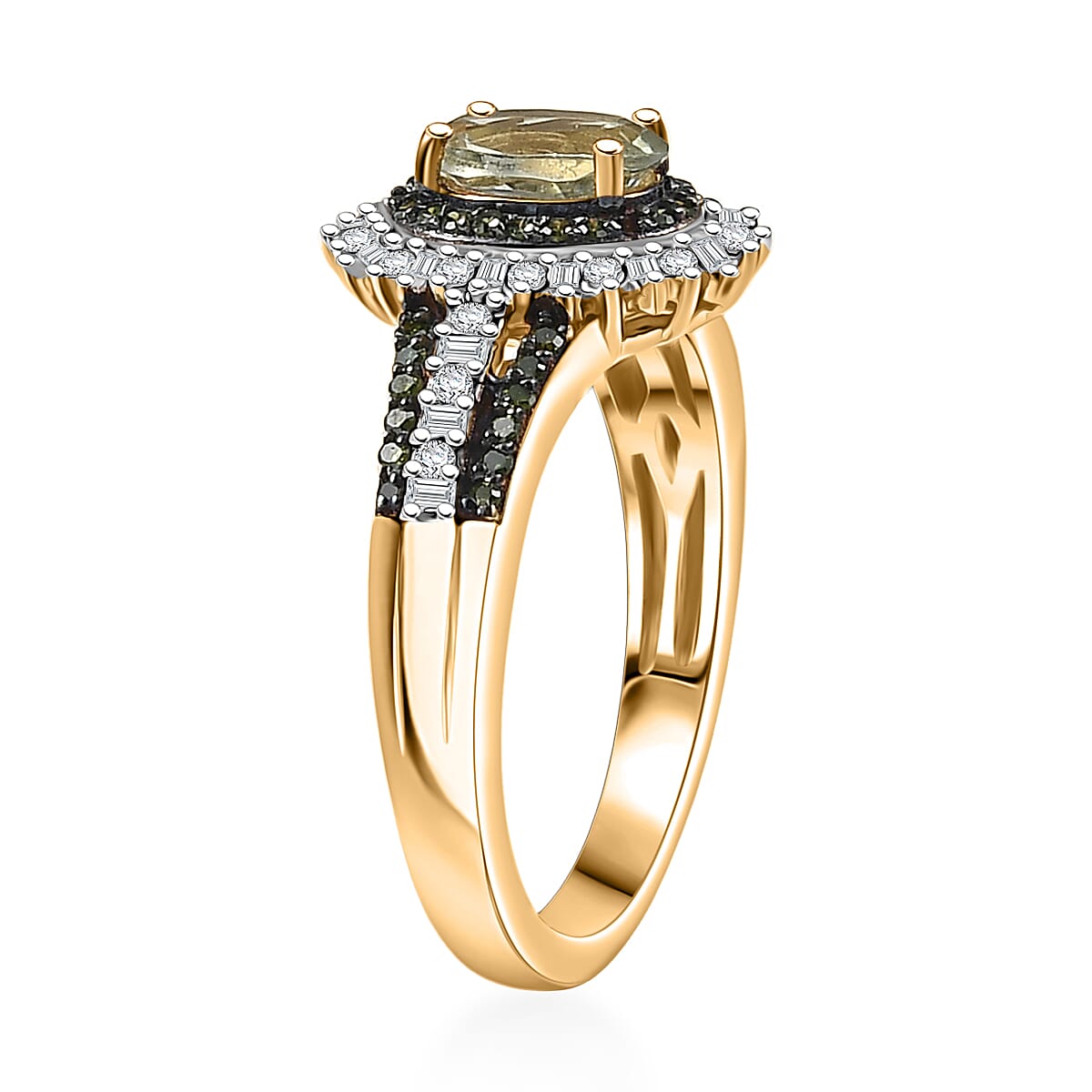 D'Joy Green Tanzanite, Green and White Diamond 1.35 ctw Radiant Sunburst Ring in 18K Vermeil Yellow Gold Over Sterling Silver (Size 7.0) image number 3