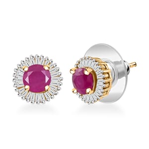 D'Joy AAA Royal Ruby and Diamond 1.65 ctw Halo Stud Earrings in 18K Vermeil Yellow Gold Over Sterling Silver
