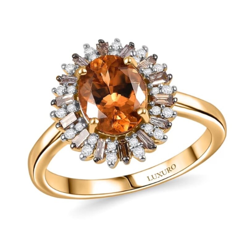 Luxoro Premium Calabar Imperial Tourmaline, Natural Champagne and White Diamond I2 2.10 ctw Sunburst Ring in 14K Yellow Gold (Size 7.0)