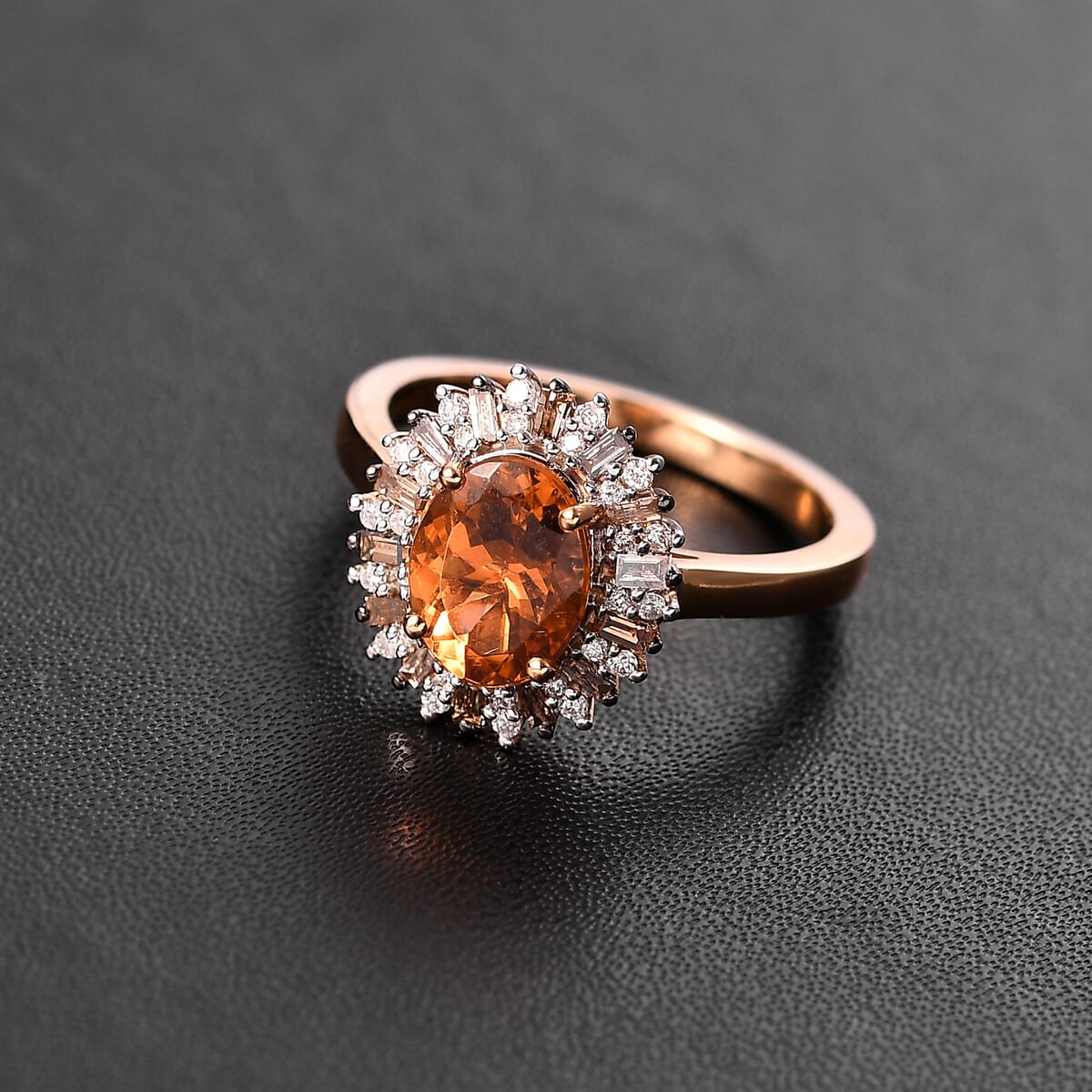 Luxoro Premium Calabar Imperial Tourmaline, Natural Champagne and White Diamond I2 2.10 ctw Sunburst Ring in 14K Yellow Gold (Size 9.0) image number 1