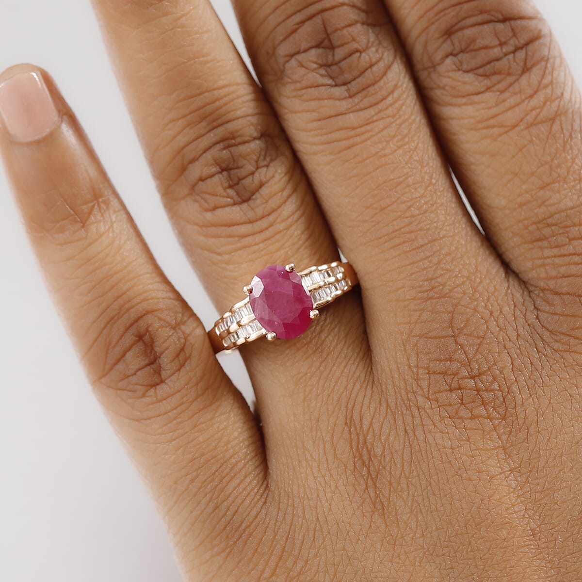 Luxoro AAA Royal Ruby and Diamond G-H I2 2.50 ctw Bridge Ring in 10K Rose Gold (Size 8.0) image number 2
