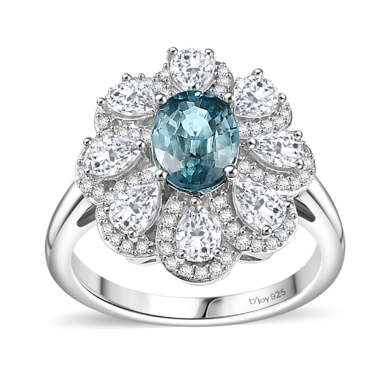 D'Joy Cambodian Blue Zircon and White Zircon 3.85 ctw Azure Blossom Ring in Rhodium Over Sterling Silver (Size 10.0)