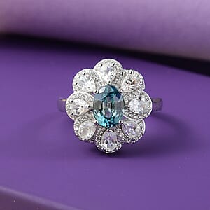 D'Joy Cambodian Blue Zircon and White Zircon 3.85 ctw Azure Blossom Ring in Rhodium Over Sterling Silver (Size 10.0)