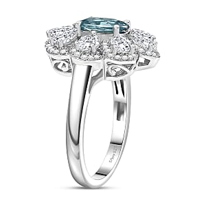 D'Joy Cambodian Blue Zircon and White Zircon 3.85 ctw Azure Blossom Ring in Rhodium Over Sterling Silver (Size 10.0)