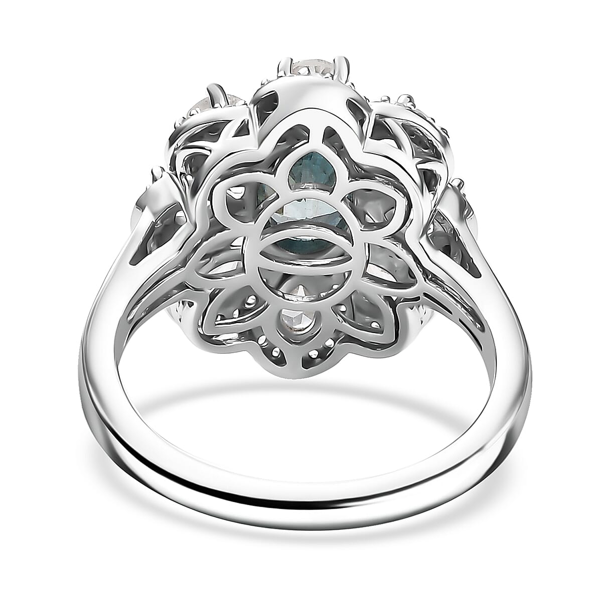 D'Joy Cambodian Blue Zircon and White Zircon 3.85 ctw Azure Blossom Ring in Rhodium Over Sterling Silver (Size 10.0)