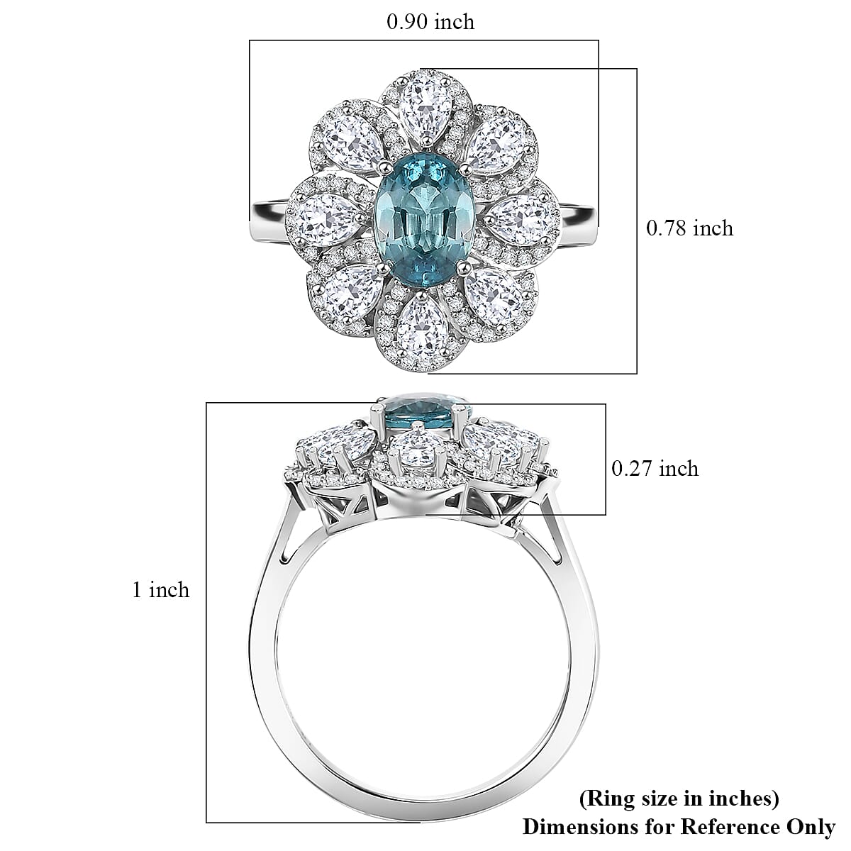 D'Joy Cambodian Blue Zircon and White Zircon 3.85 ctw Azure Blossom Ring in Rhodium Over Sterling Silver (Size 10.0)