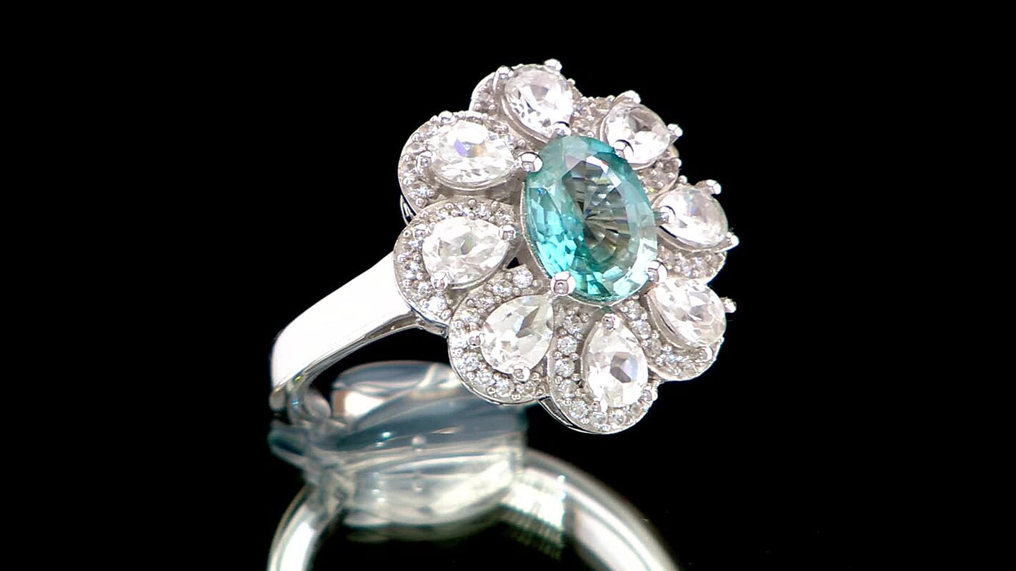 Combodian Blue Zircon, Multi Gemstone Ring in Rhodium Over Sterling Silver (Size 7.0) 3.85 ctw