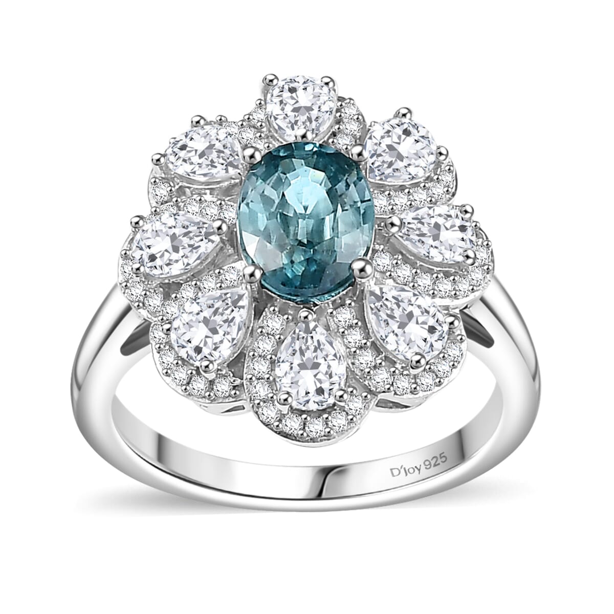 D'Joy Cambodian Blue Zircon and White Zircon 3.85 ctw Azure Blossom Ring in Rhodium Over Sterling Silver (Size 7.0) image number 0