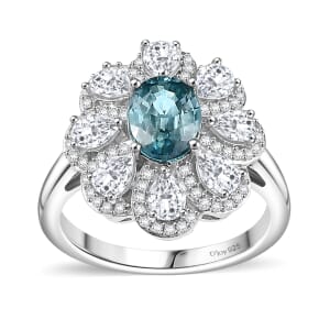 D'Joy Cambodian Blue Zircon and White Zircon 3.85 ctw Azure Blossom Ring in Rhodium Over Sterling Silver (Size 7.0)