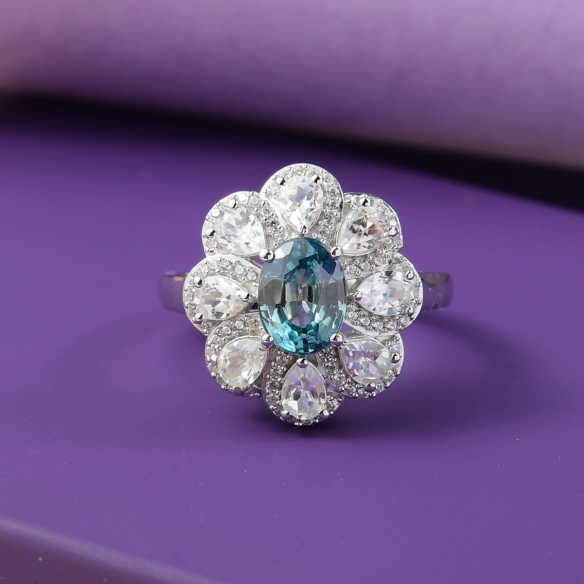 D'Joy Cambodian Blue Zircon and White Zircon 3.85 ctw Azure Blossom Ring in Rhodium Over Sterling Silver (Size 7.0) image number 1