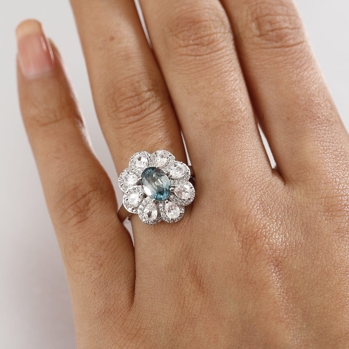 D'Joy Cambodian Blue Zircon and White Zircon 3.85 ctw Azure Blossom Ring in Rhodium Over Sterling Silver (Size 7.0) image number 2