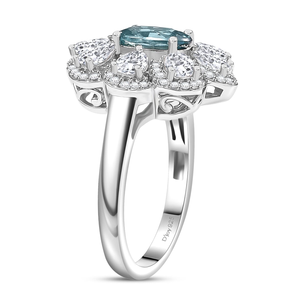 D'Joy Cambodian Blue Zircon and White Zircon 3.85 ctw Azure Blossom Ring in Rhodium Over Sterling Silver (Size 7.0) image number 3