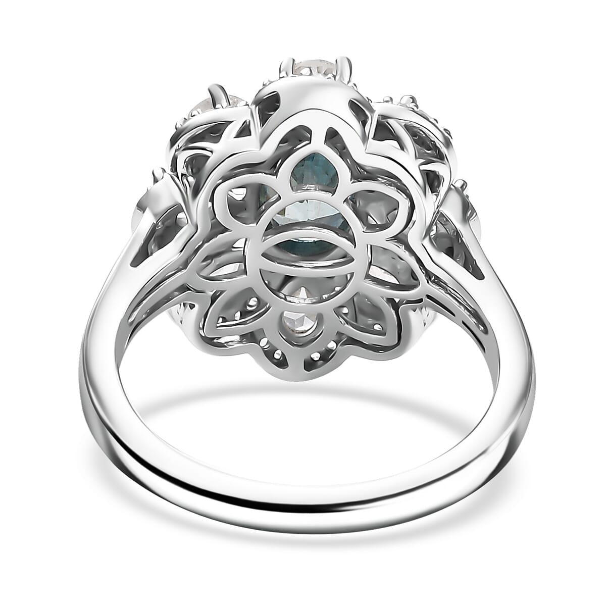 D'Joy Cambodian Blue Zircon and White Zircon 3.85 ctw Azure Blossom Ring in Rhodium Over Sterling Silver (Size 7.0) image number 4