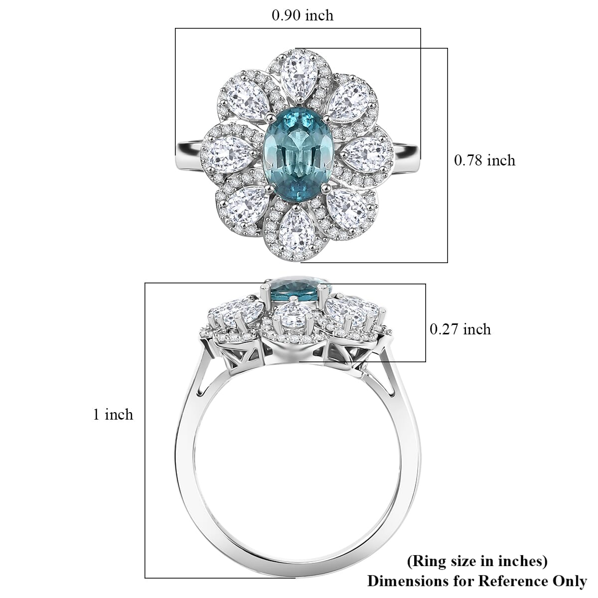 D'Joy Cambodian Blue Zircon and White Zircon 3.85 ctw Azure Blossom Ring in Rhodium Over Sterling Silver (Size 7.0) image number 5