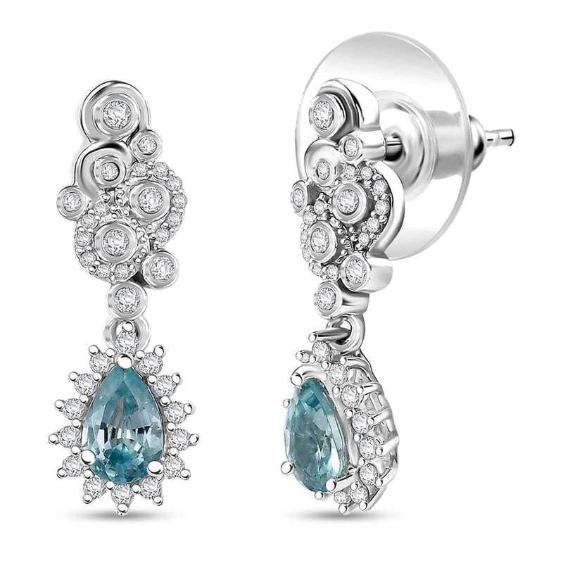 D'Joy Cambodian Blue Zircon and Multi Gemstone 1.90 ctw Celestial Earrings in Rhodium Over Sterling Silver