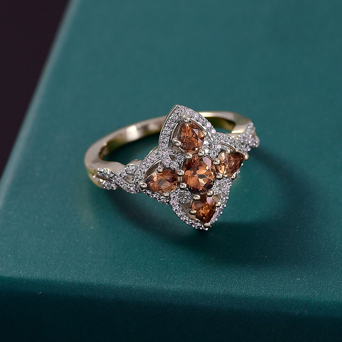 D'Joy Premium Golden Turkizite and White Zircon 1.50 ctw Vintage Statement Ring in 18K Vermeil YG and Rhodium Over Sterling Silver (Size 6.0) image number 1