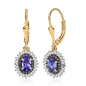 D'Joy Tanzanite, Natural Champagne and White Diamond 1.35 cts Radiant Sunburst Earrings in 18K Vermeil Yellow Gold Over Sterling Silver