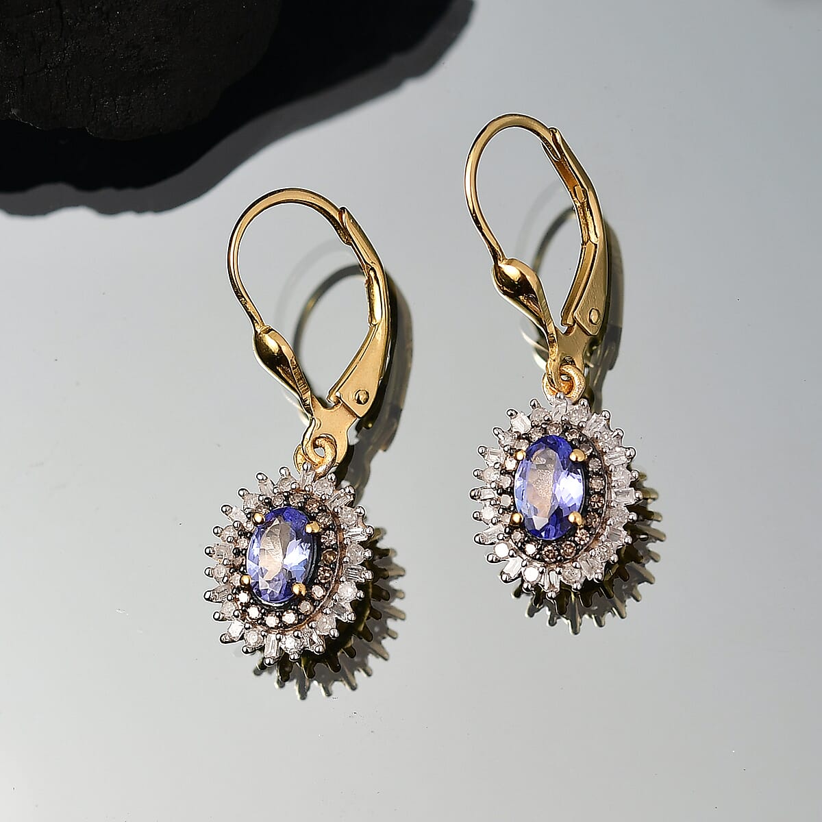 D'Joy Tanzanite, Natural Champagne and White Diamond 1.35 cts Radiant Sunburst Earrings in 18K Vermeil Yellow Gold Over Sterling Silver image number 1