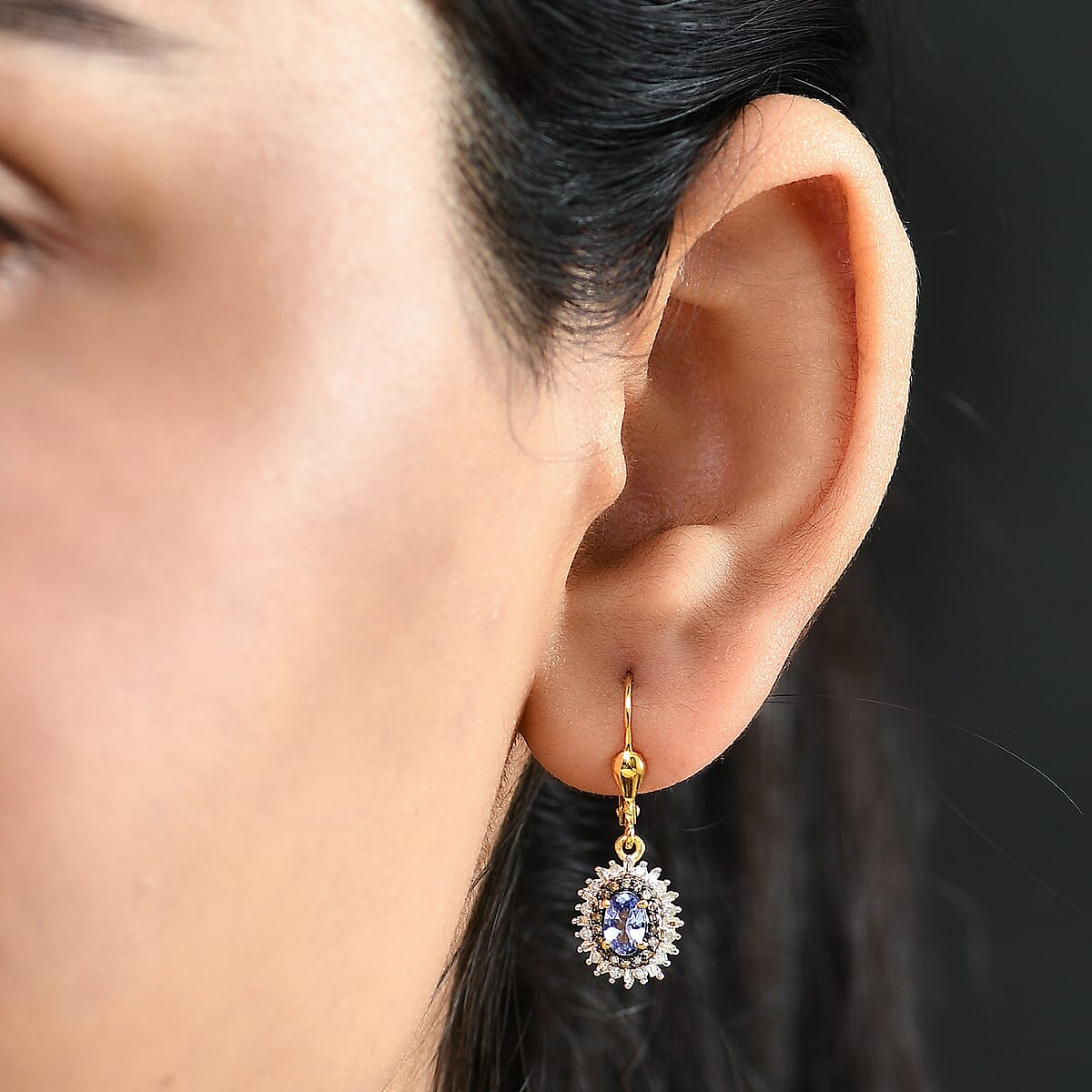D'Joy Tanzanite, Natural Champagne and White Diamond 1.35 cts Radiant Sunburst Earrings in 18K Vermeil Yellow Gold Over Sterling Silver image number 2