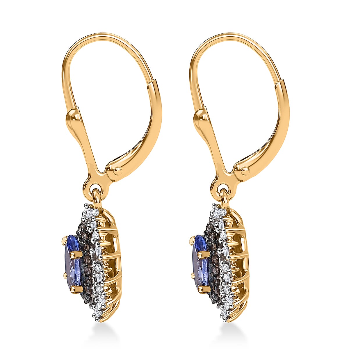 D'Joy Tanzanite, Natural Champagne and White Diamond 1.35 cts Radiant Sunburst Earrings in 18K Vermeil Yellow Gold Over Sterling Silver image number 3