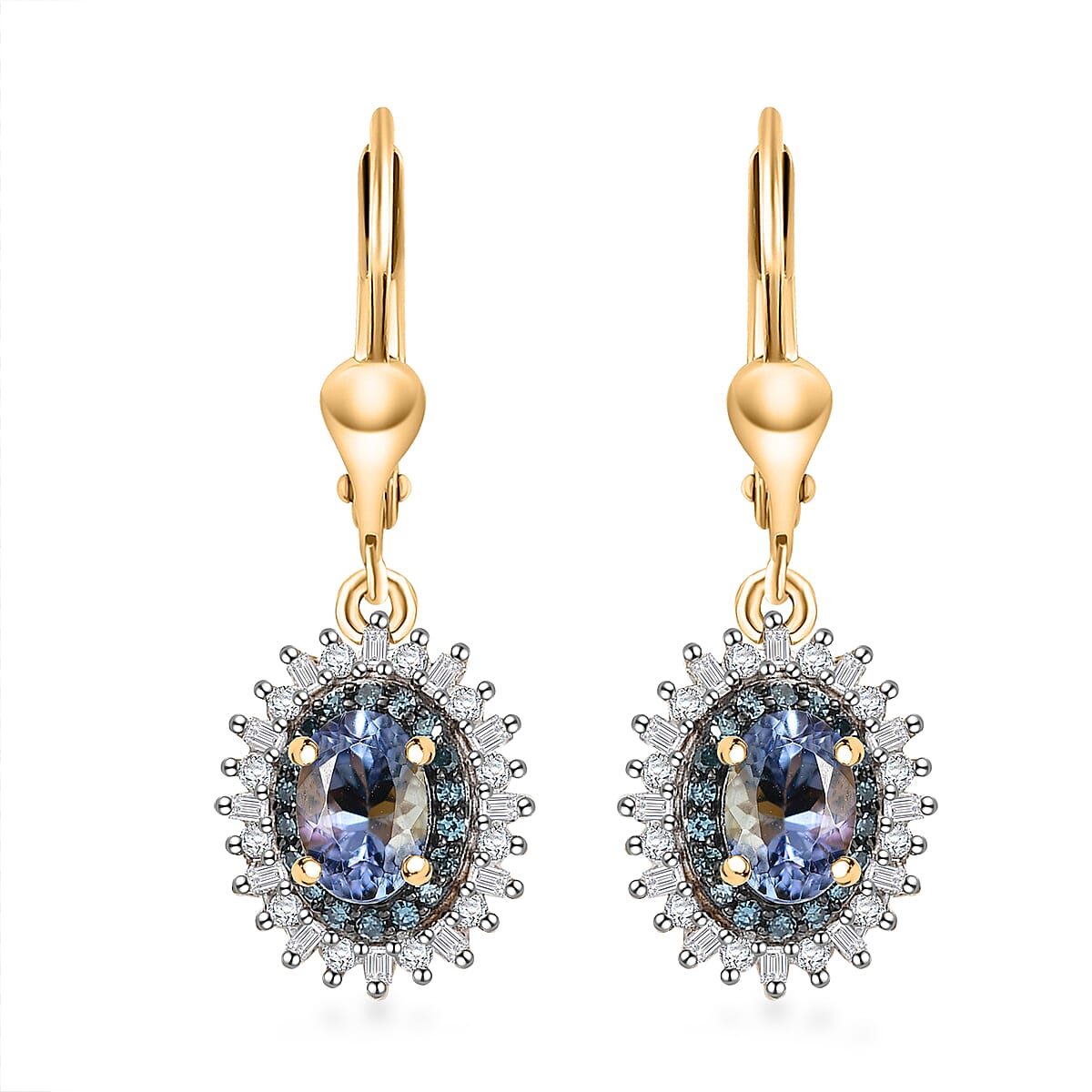 D'Joy Peacock Tanzanite, Blue and White Diamond 1.50 ctw Radiant Sunburst Earrings in 18K Vermeil Yellow Gold Over Sterling Silver image number 0