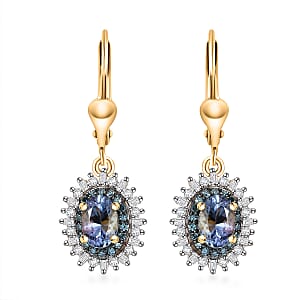 D'Joy Peacock Tanzanite, Blue and White Diamond 1.50 ctw Radiant Sunburst Earrings in 18K Vermeil Yellow Gold Over Sterling Silver