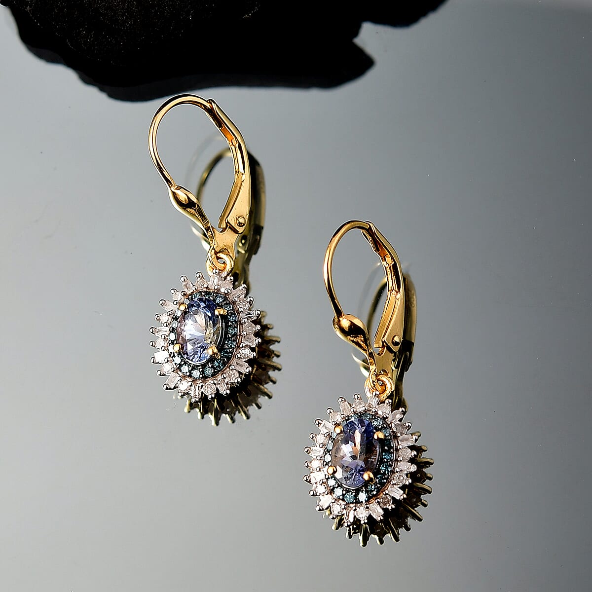 D'Joy Peacock Tanzanite, Blue and White Diamond 1.50 ctw Radiant Sunburst Earrings in 18K Vermeil Yellow Gold Over Sterling Silver image number 1