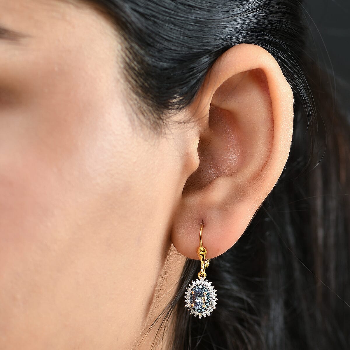 D'Joy Peacock Tanzanite, Blue and White Diamond 1.50 ctw Radiant Sunburst Earrings in 18K Vermeil Yellow Gold Over Sterling Silver image number 2