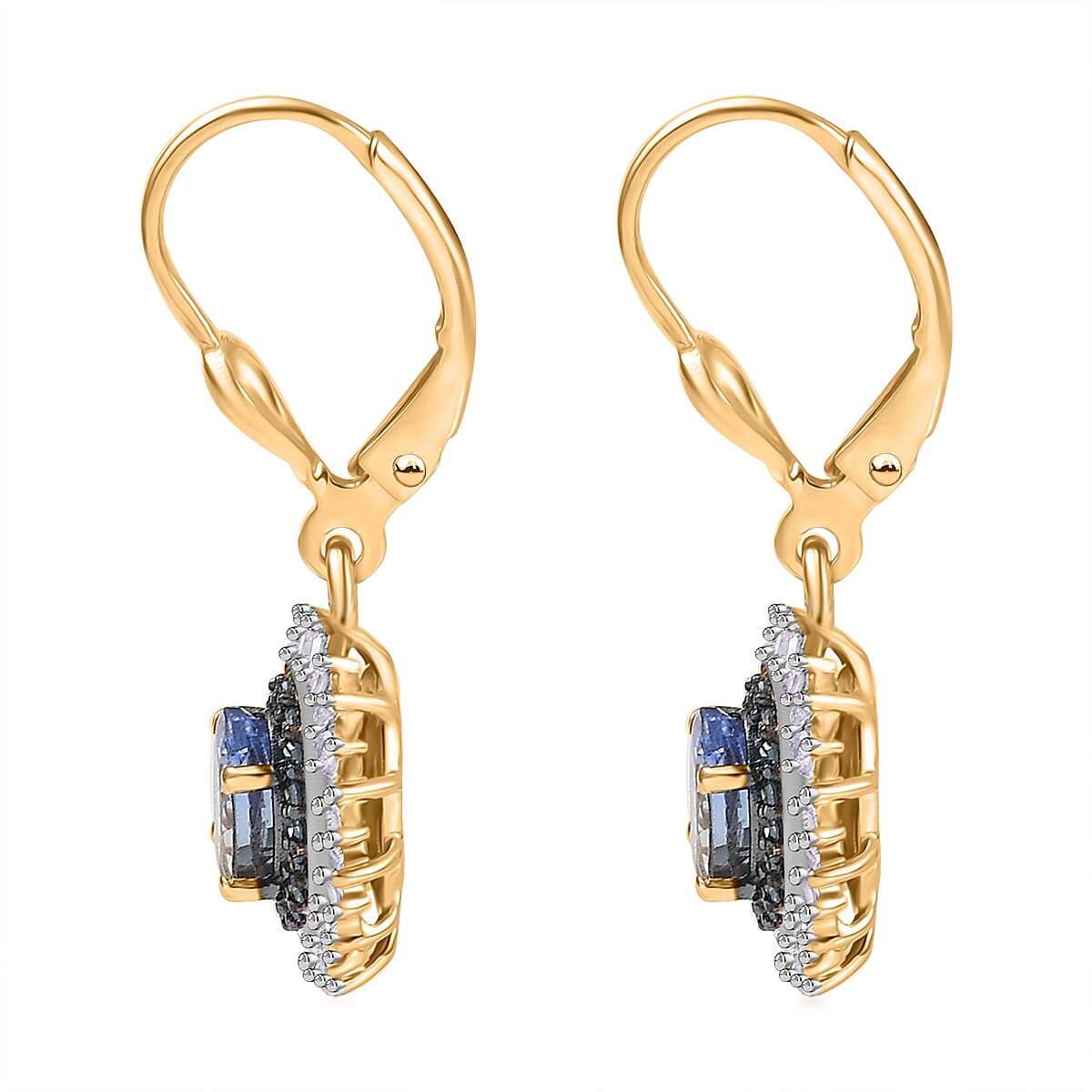 D'Joy Peacock Tanzanite, Blue and White Diamond 1.50 ctw Radiant Sunburst Earrings in 18K Vermeil Yellow Gold Over Sterling Silver image number 3