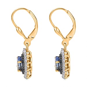D'Joy Peacock Tanzanite, Blue and White Diamond 1.50 ctw Radiant Sunburst Earrings in 18K Vermeil Yellow Gold Over Sterling Silver