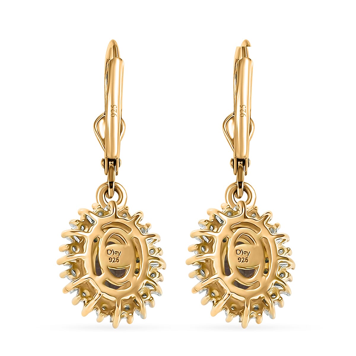 D'Joy Peacock Tanzanite, Blue and White Diamond 1.50 ctw Radiant Sunburst Earrings in 18K Vermeil Yellow Gold Over Sterling Silver image number 4