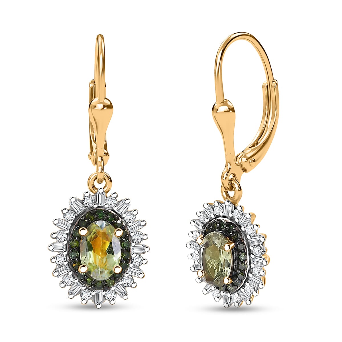 D'Joy Green Tanzanite, Green and White Diamond 1.45 ctw Radiant Sunburst Earrings in 18K Vermeil Yellow Gold Over Sterling Silver image number 0