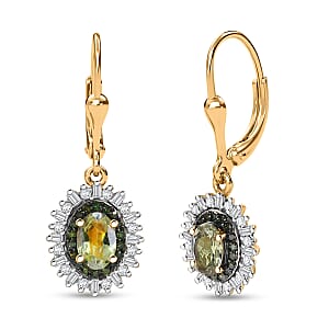 D'Joy Green Tanzanite, Green and White Diamond 1.45 ctw Radiant Sunburst Earrings in 18K Vermeil Yellow Gold Over Sterling Silver