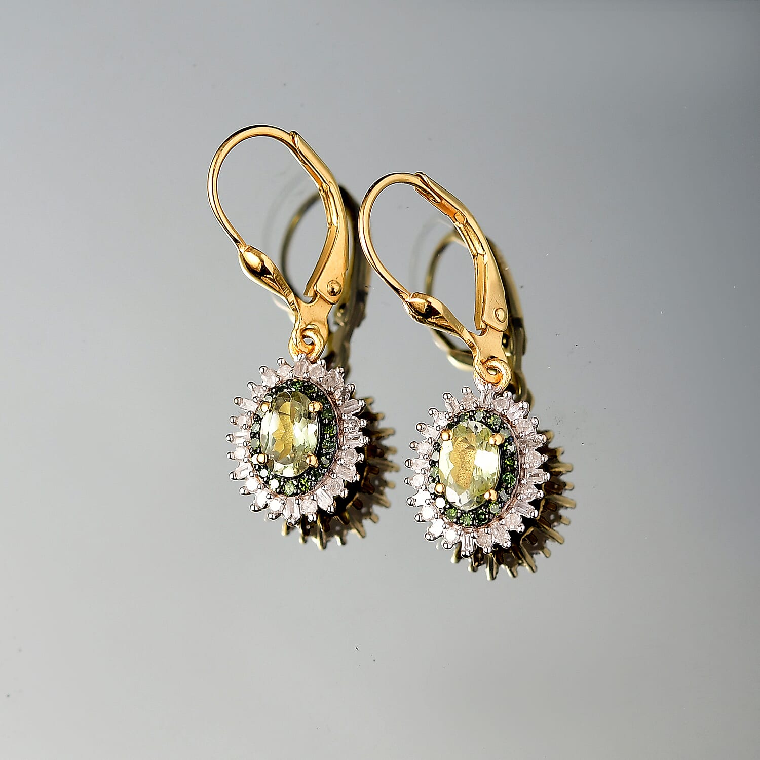 D'Joy Green Tanzanite, Green and White Diamond 1.45 ctw Radiant Sunburst Earrings in 18K Vermeil Yellow Gold Over Sterling Silver