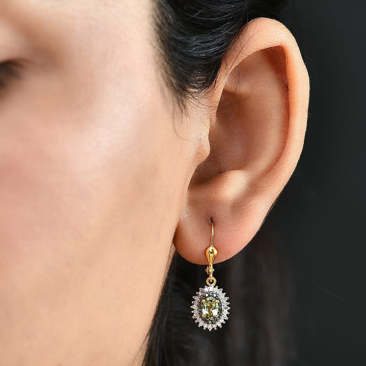 D'Joy Green Tanzanite, Green and White Diamond 1.45 ctw Radiant Sunburst Earrings in 18K Vermeil Yellow Gold Over Sterling Silver image number 2