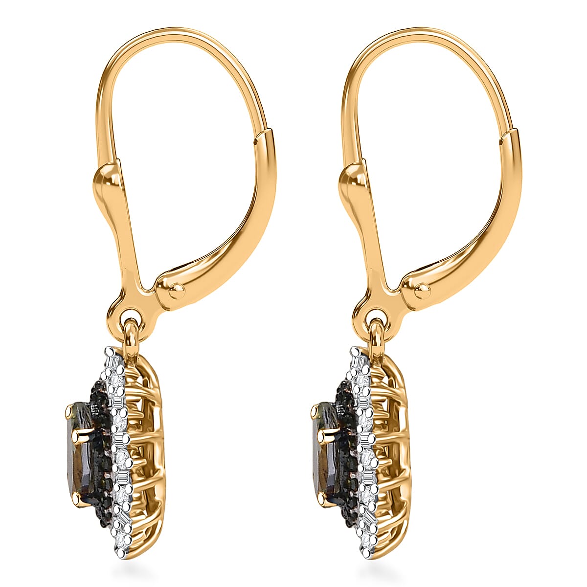 D'Joy Green Tanzanite, Green and White Diamond 1.45 ctw Radiant Sunburst Earrings in 18K Vermeil Yellow Gold Over Sterling Silver