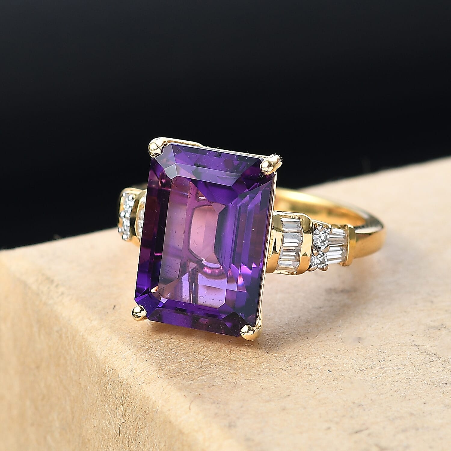 AAA Lusaka Amethyst, Moissanite Ring in 18K Vermeil YG Over Sterling Silver (Size 10.0) 7.40 ctw