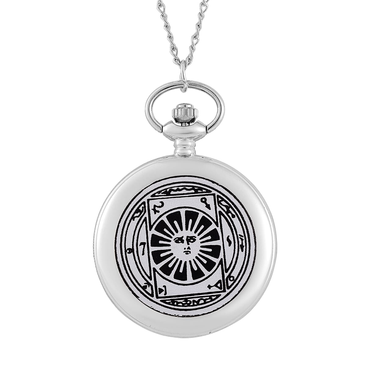 Strada Japanese Movement 3D Talisman For Invisibility Amulet Black Pullet Pattern Pocket Watch with Chain in Silvertone (36 Inches) image number 0