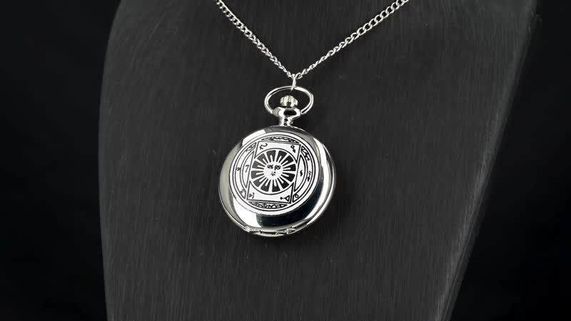Strada Japanese Movement 3D Talisman For Invisibility Amulet Black Pullet Pattern Pocket Watch with Chain in Silvertone (36 Inches)