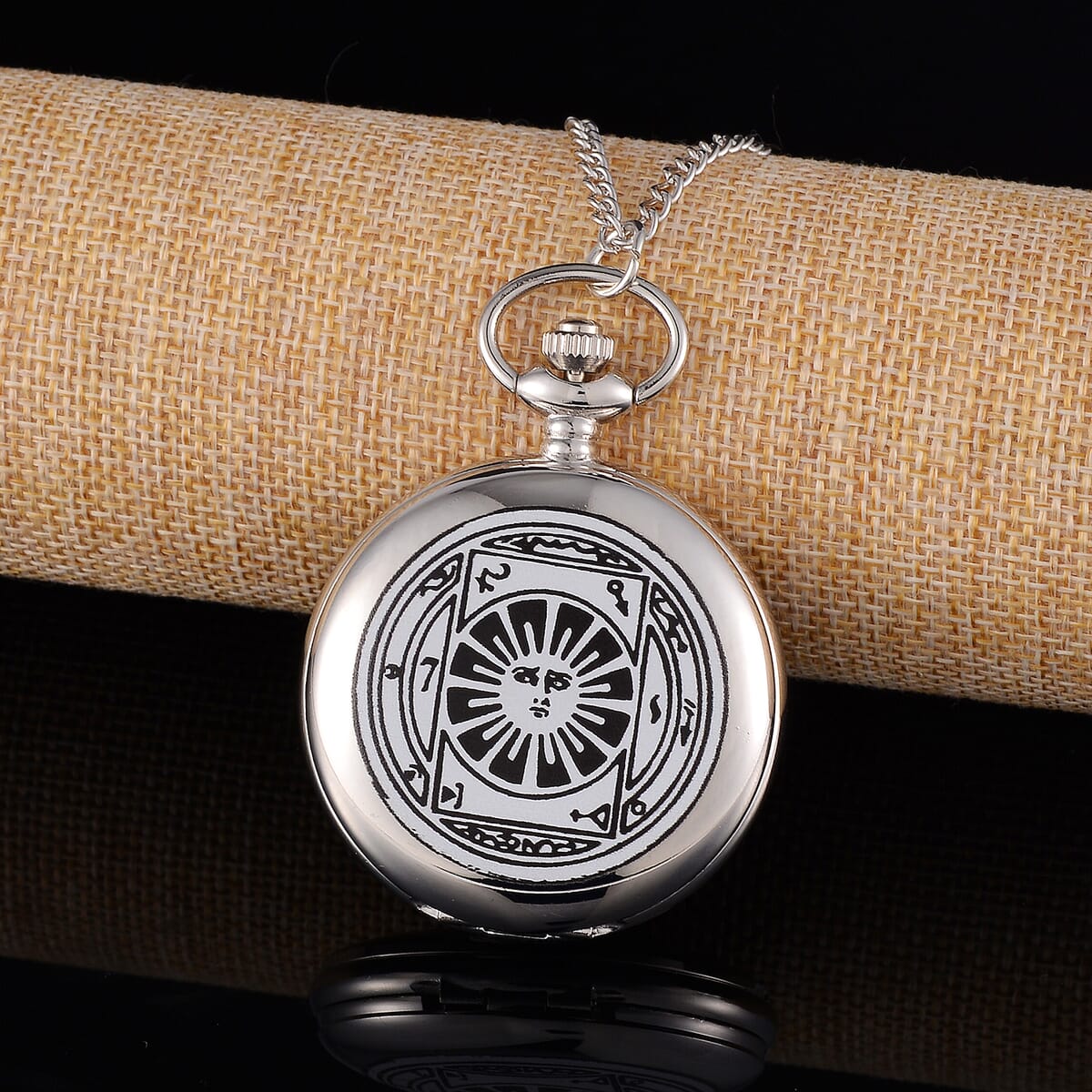 Strada Japanese Movement 3D Talisman For Invisibility Amulet Black Pullet Pattern Pocket Watch with Chain in Silvertone (36 Inches) image number 1
