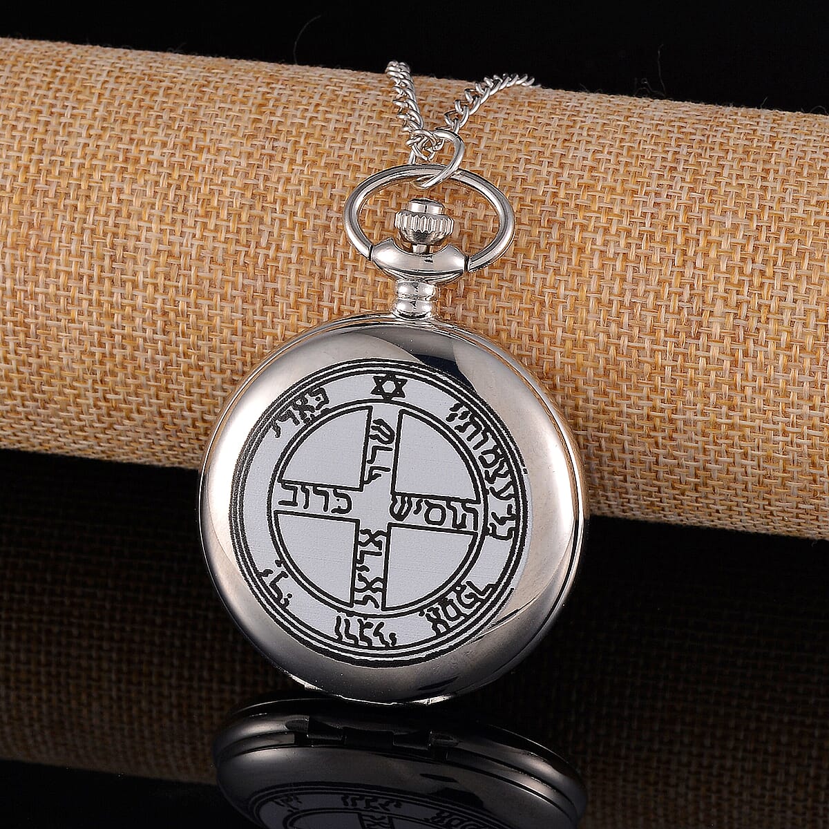 Strada Japanese Movement 3D Talisman of Jupiter Pattern Pocket Watch with Chain in Silvertone (36 Inches) image number 1