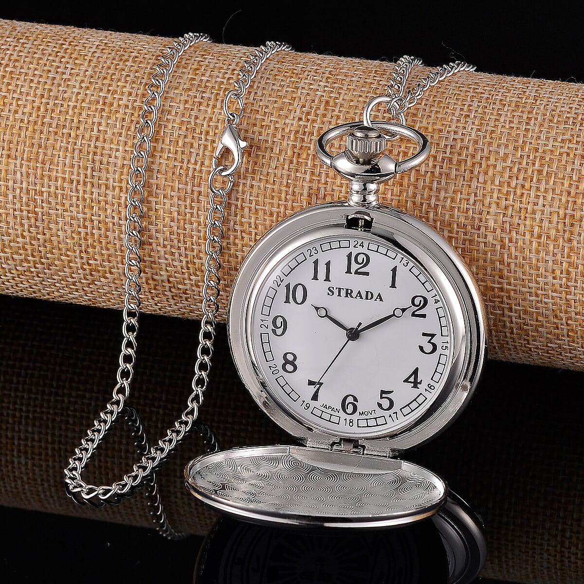Strada Japanese Movement 3D Talisman of Jupiter Pattern Pocket Watch with Chain in Silvertone (36 Inches) image number 2