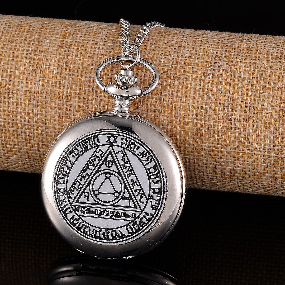 Strada Japanese Movement 3D Talisman of The Sun (Planetary) Pattern Pocket Watch with Chain in Silvertone (36 Inches) image number 1