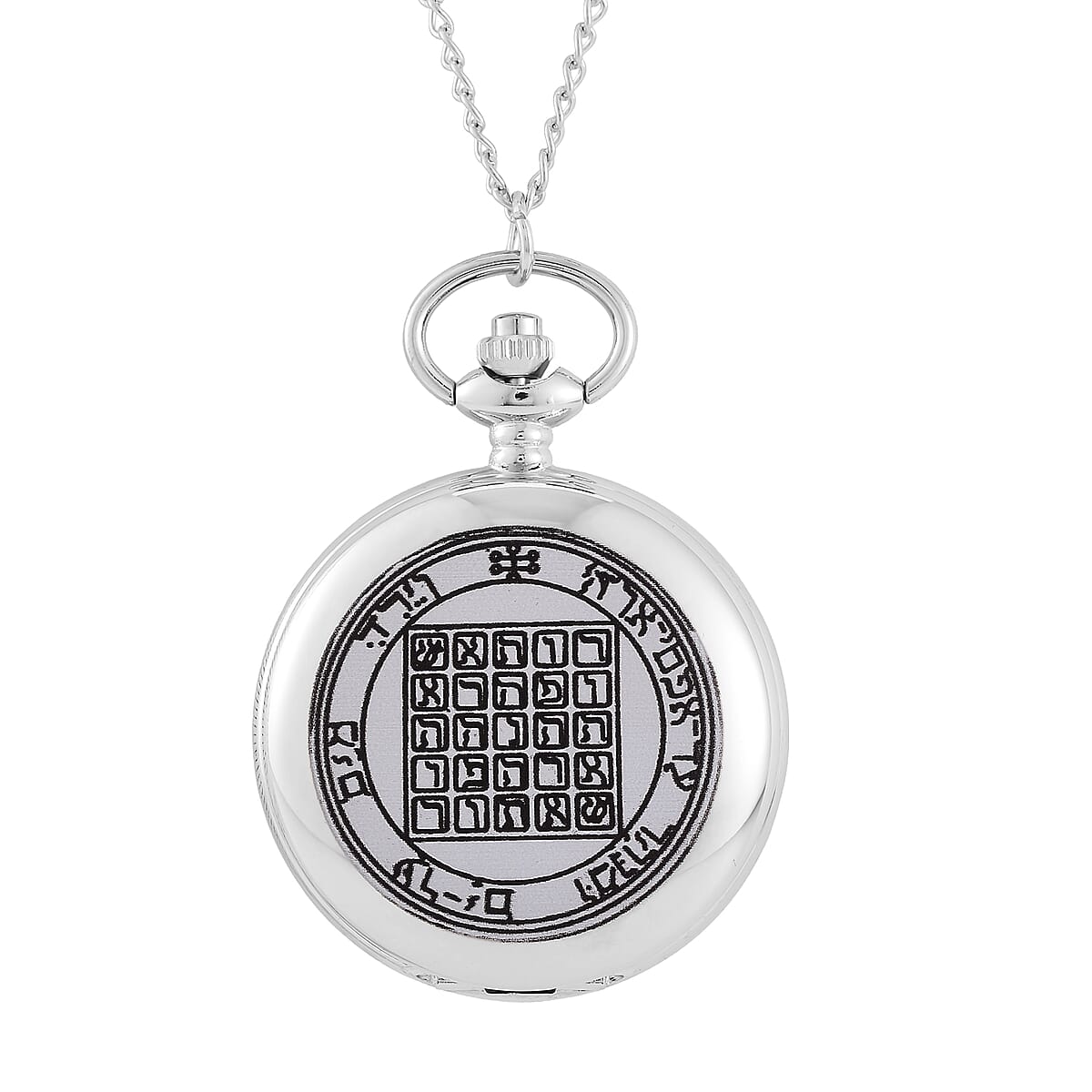 Strada Japanese Movement 3D Talisman of Saturn Pattern Pocket Watch with Chain in Silvertone (36 Inches) image number 0