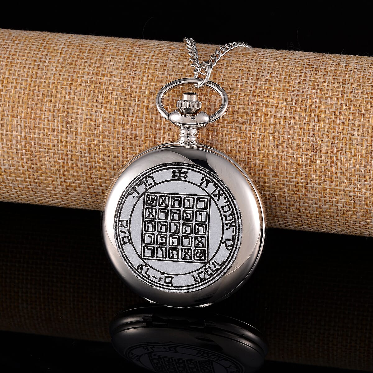 Strada Japanese Movement 3D Talisman of Saturn Pattern Pocket Watch with Chain in Silvertone (36 Inches) image number 1