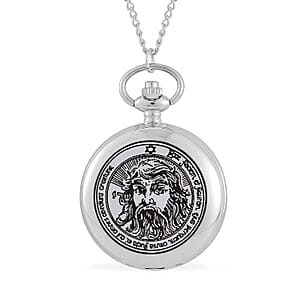 Strada Japanese Movement 3D Talisman of The Sun (1st Pentacle) Pattern Pocket Watch with Chain in Silvertone (36 Inches)